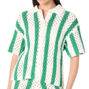The Drop Afghan Crochet Stripe Button Front‎ Polo Top Green White L